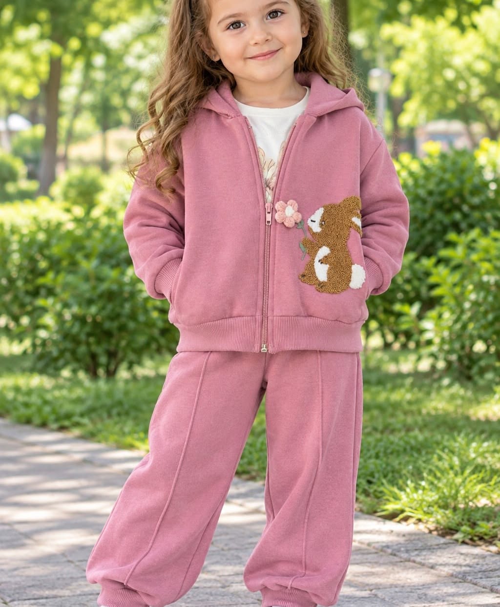 Full-body view of a child wearing a dusty-rose hooded jacket and matching jogger pants, standing on a paved path outdoors in soft daylight.