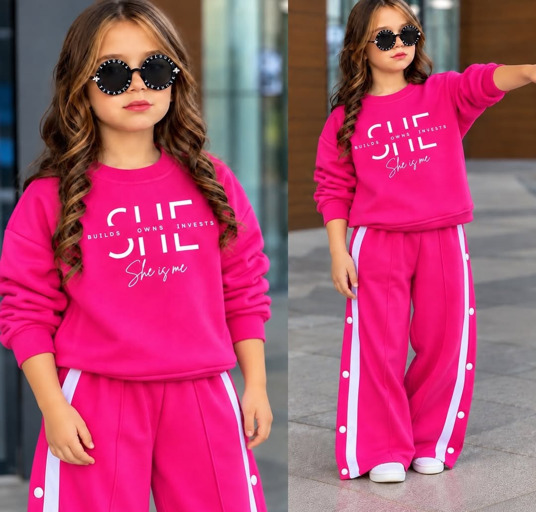 A child models a bright fuchsia sweatshirt and matching wide-leg track pants with white side stripes, shown in close and full-length views under daylight.