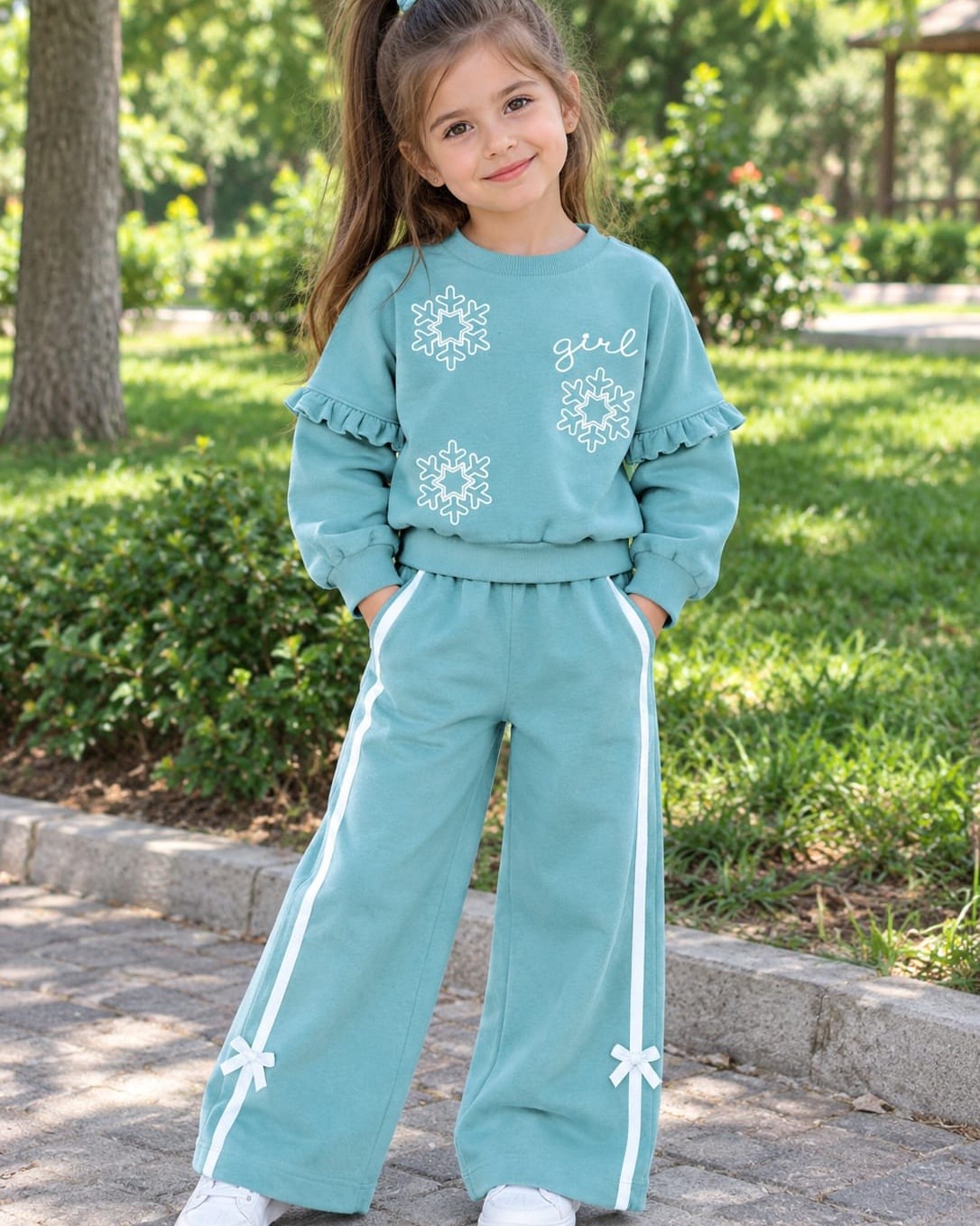 Full-body view of a child wearing a turquoise sweatshirt and matching wide-leg pants, standing outdoors in bright natural light.
